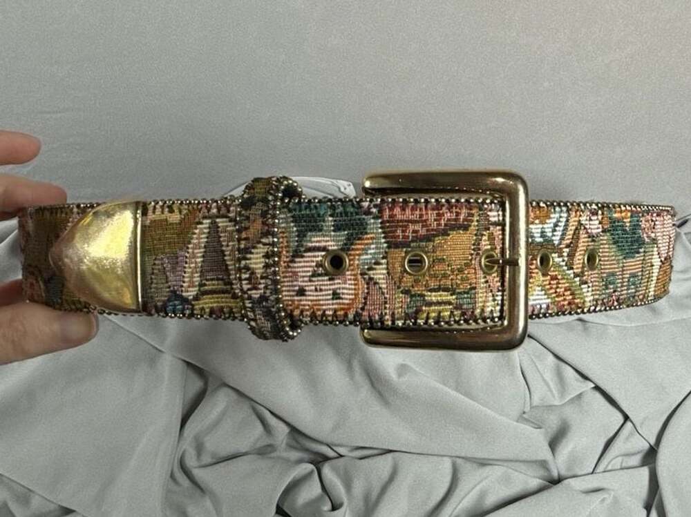 Paul Harris Vintage Tapestry Pattern Beaded Bonded Leather Belt Size S/M